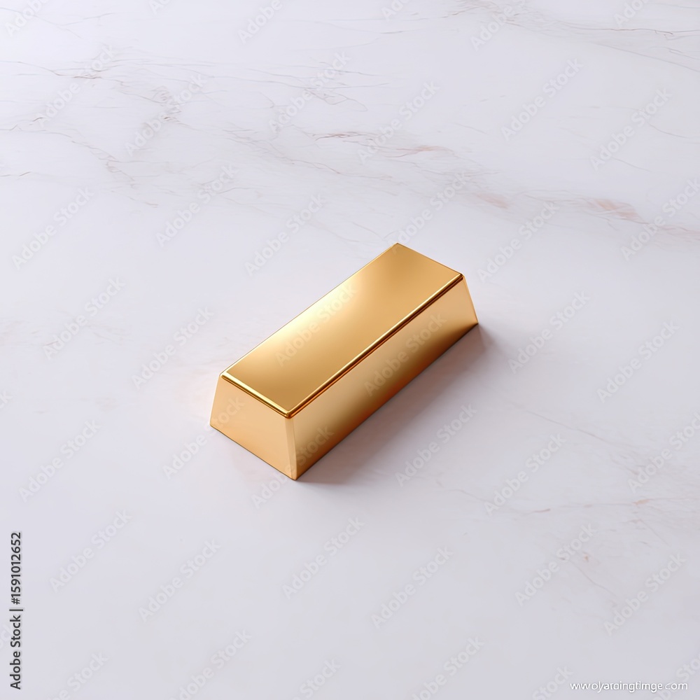 Poster shiny gold bar on elegant marble surface with smooth texture and soft reflection for financial conce