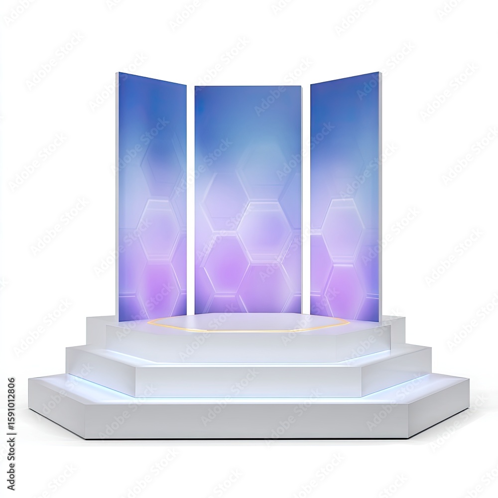 Poster modern exhibition stage with hexagonal background and soft lighting for events and presentations