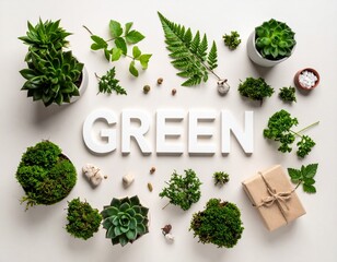 Flat Lay Composition of Nature and Eco-Friendly Concept with White GREEN Word, Various Succulents, Moss, Fern Leaves, and a Small Gift Box on White Background
