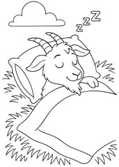 Coloring book goat sleeping peacefully on a blanket.