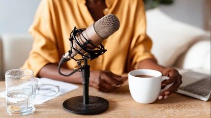 Person recording a podcast with a microphone and a cup of coffee.