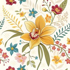 "Vintage-style floral wallpaper with yellow orchids and pastel blooms."








