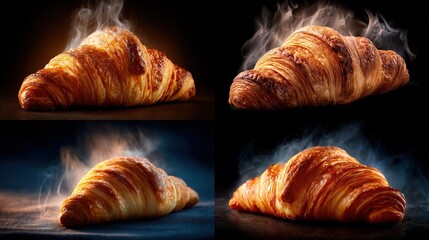 Four close-up images of freshly baked croissants, each with rising steam