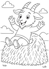 Coloring book goat sitting joyfully on a haystack.