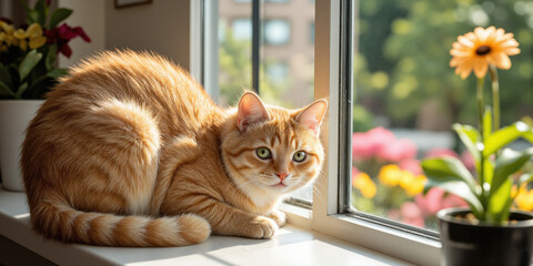 A soft orange tabby cat with a fluffy, slightly curled tail, sitting contentedly on a sunlit windowsill, its bright green