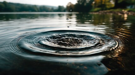 Water drop impact creating ripples on lake surface with closeup with forest background.