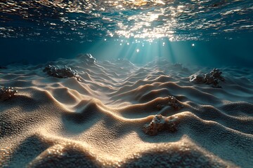 A tropical ocean seabed filled with golden sand, creating a serene underwater landscape where sunlight filters through the water.