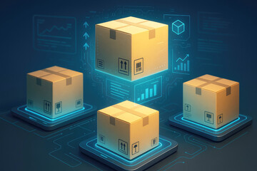 Cardboard boxes on glowing platforms with digital data displays logistics delivery