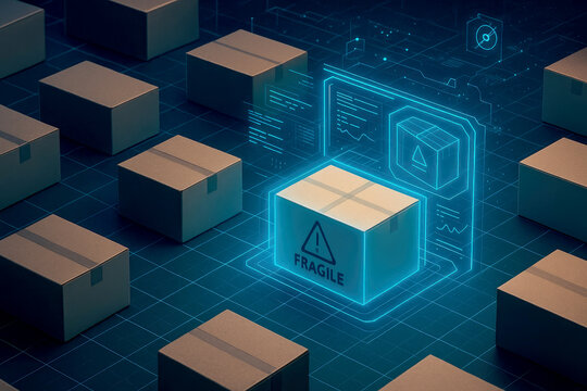 Cardboard boxes arranged on a digital grid with holographic interface shipping logistics