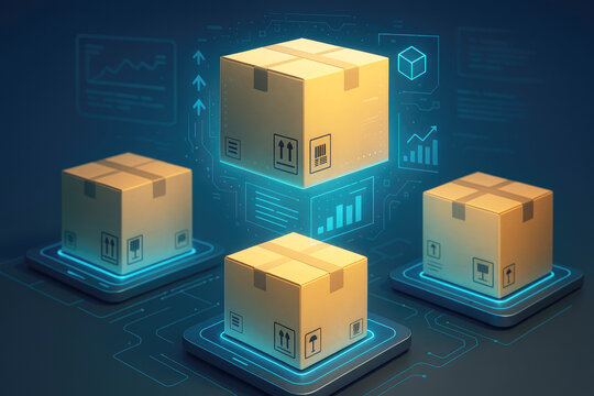 Cardboard boxes on glowing platforms with digital data displays logistics delivery - Powered by Adobe