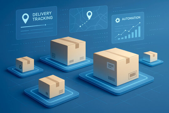 Cardboard boxes on glowing platforms with digital tracking and automation displays