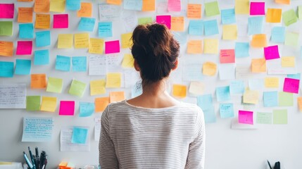 Person facing a wall covered in colorful sticky notes.