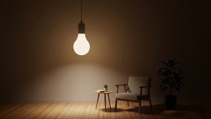 Minimalist Interior with Hanging Light Bulb and Cozy Chair
