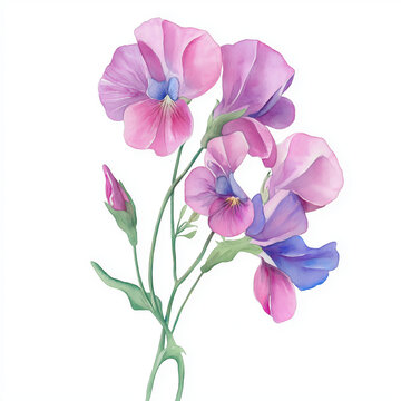 Flor de ervilha-de-cheiro rosa. Ilustra&ccedil;&atilde;o em aquarela de caule roxo de ervilha-de-cheiro isolado em fundo branco.