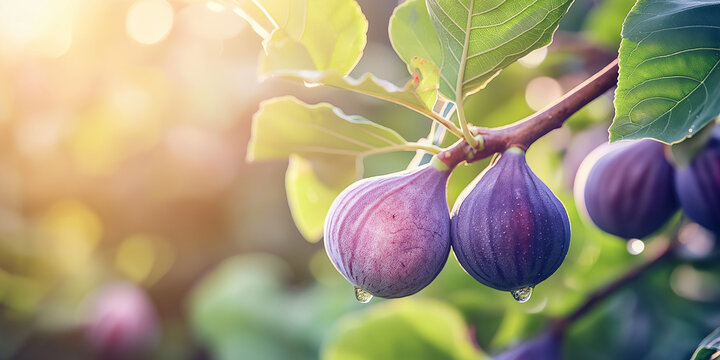 Figo roxo fresco e maduro em galho com folhas e gotas. Figos org&acirc;nicos &agrave; luz do dia e do sol.