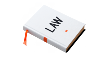 A closed white book with the word "LAW" printed in bold black letters on the cover and an orange ribbon bookmark.