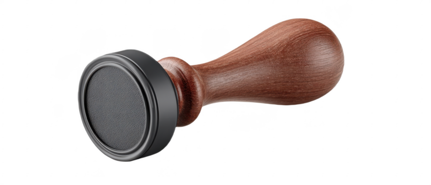 A wooden-handled stamp with a round black rubber base for imprinting designs or text.