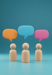 ideas, collaborative discussions. Three wooden figures stand beneath vibrant speech bubbles a blue backdrop, 3D render of three wooden figures standing in front of a blue wall, communication