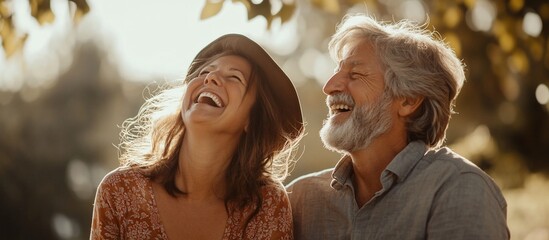 Happy couple laughing outdoors, sunlight, trees