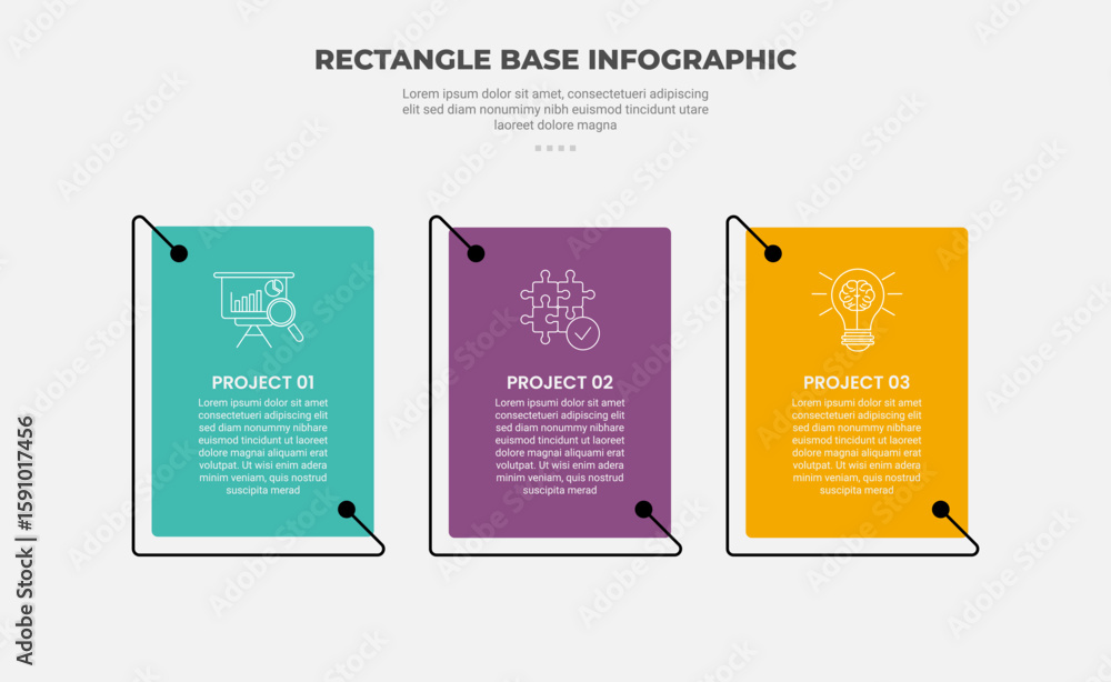 Aufkleber rectangle shape infographic outline style with 3 point template with box and creative line arrow bot