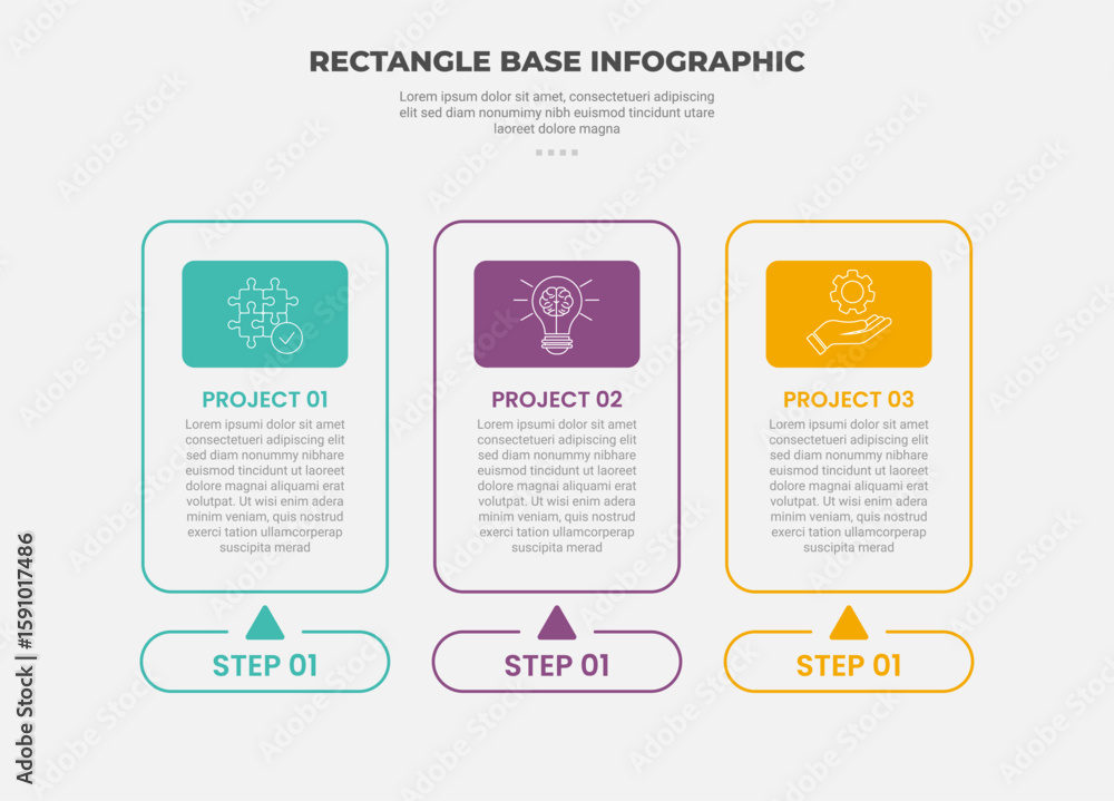Aufkleber rectangle shape infographic outline style with 3 point template with round outline box with arrow an