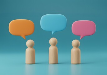 Three wooden figures stand beneath vibrant speech bubbles a blue backdrop, communication, ideas, collaborative discussions. 3D render of three wooden figures standing in front of a blue wall