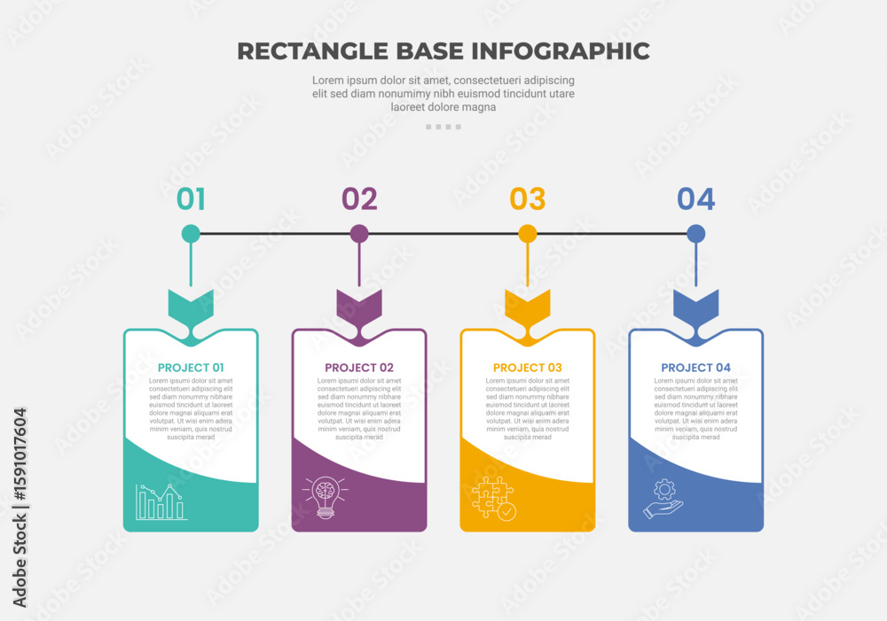 Aufkleber rectangle shape infographic outline style with 4 point template with timeline horizontal with dot po