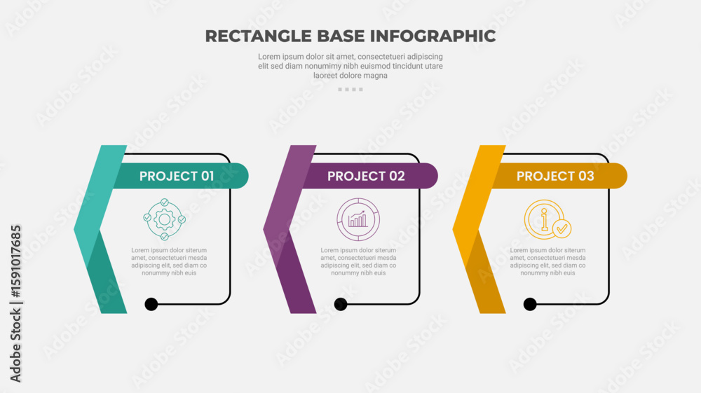 Poster rectangle shape infographic outline style with 3 point template with outline box and ribbon flip bad