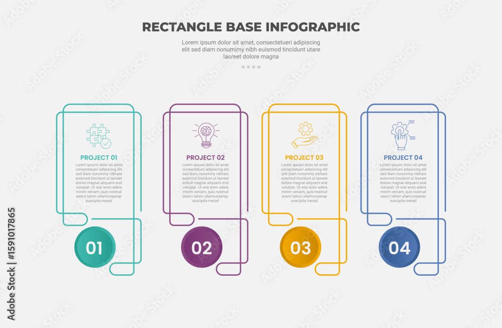 Aufkleber rectangle shape infographic outline style with 4 point template with double line box with circle bad
