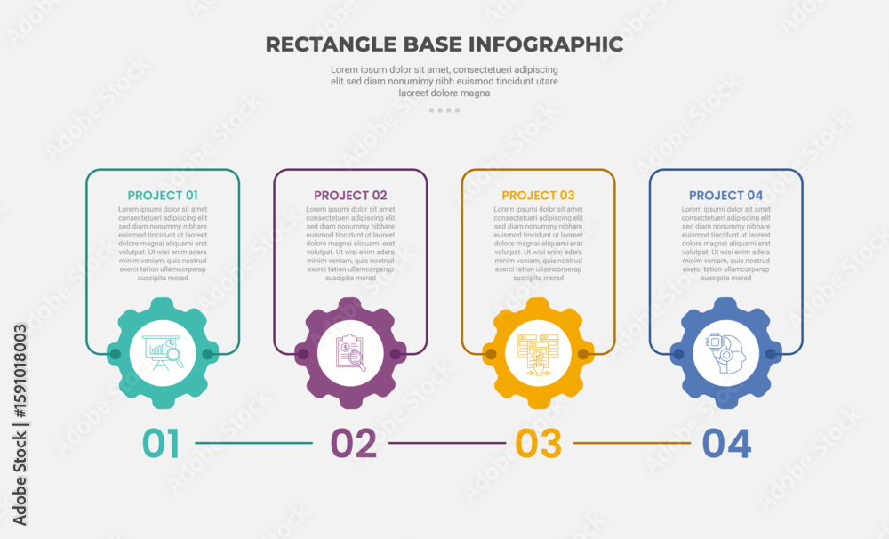 Poster rectangle shape infographic outline style with 4 point template with timeline style with gear cogwhe