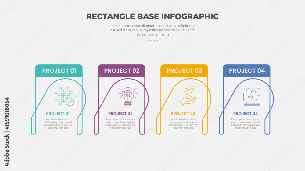 Aufkleber rectangle shape infographic outline style with 4 point template with creative box with open bottom s