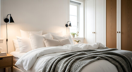 A cozy bedroom featuring a made bed with white linens and a gray blanket in a bright and airy space - ai generated