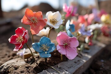 A variety of colorful poppy flowers scattered across a wooden battlefield memorial, celebrating resilience and remembrance, particularly during Easter Monday.