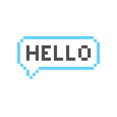 Word hello in 8bit message box. Pixelated welcome text in speech bubble. y2k chatting box icon with greeting. Vector illustration