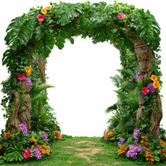 realistic jungle liana vine frame with orchids and hibiscus isolated on transparent background