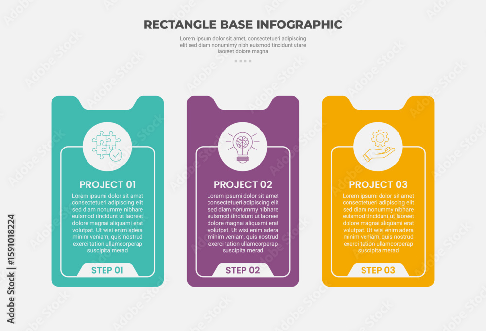 Aufkleber rectangle shape infographic outline style with 3 point template with vertical box shape like paper b