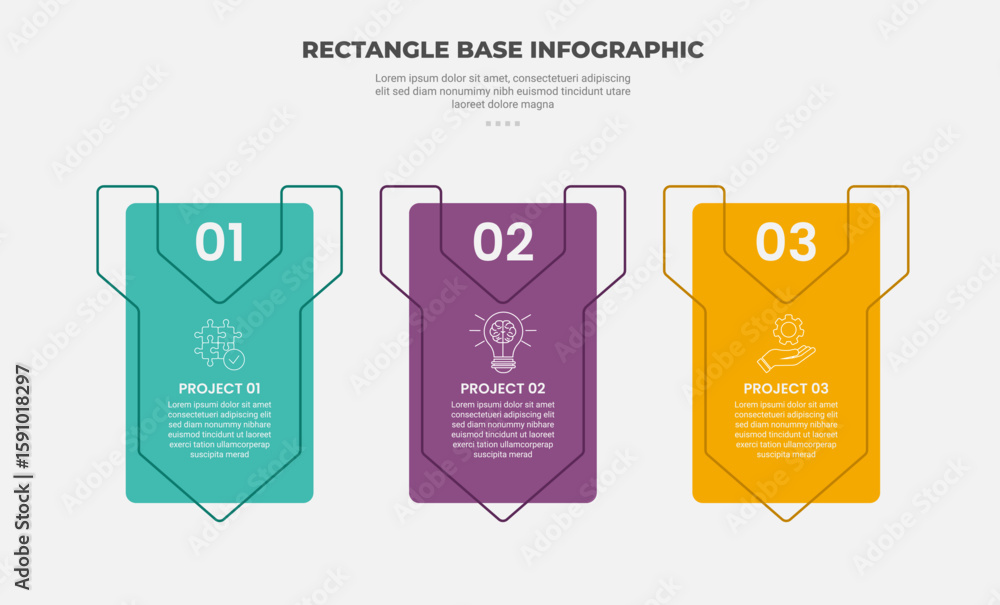 Aufkleber rectangle shape infographic outline style with 3 point template with vertical round box with arrow l