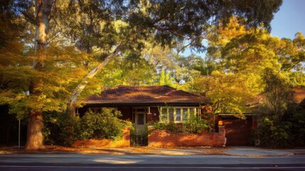 Charming single-story brick house with red-tiled roof on quiet street, surrounded by lush greenery, tall trees with white and brown trunks, golden autumn leaves, dappled sunlight, brick wall, 