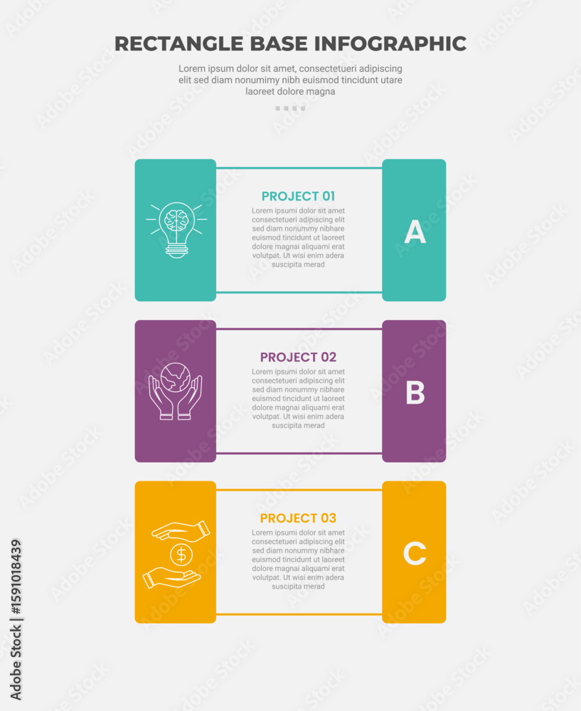 Aufkleber rectangle shape infographic outline style with 3 point template with long shape with badge on all ed