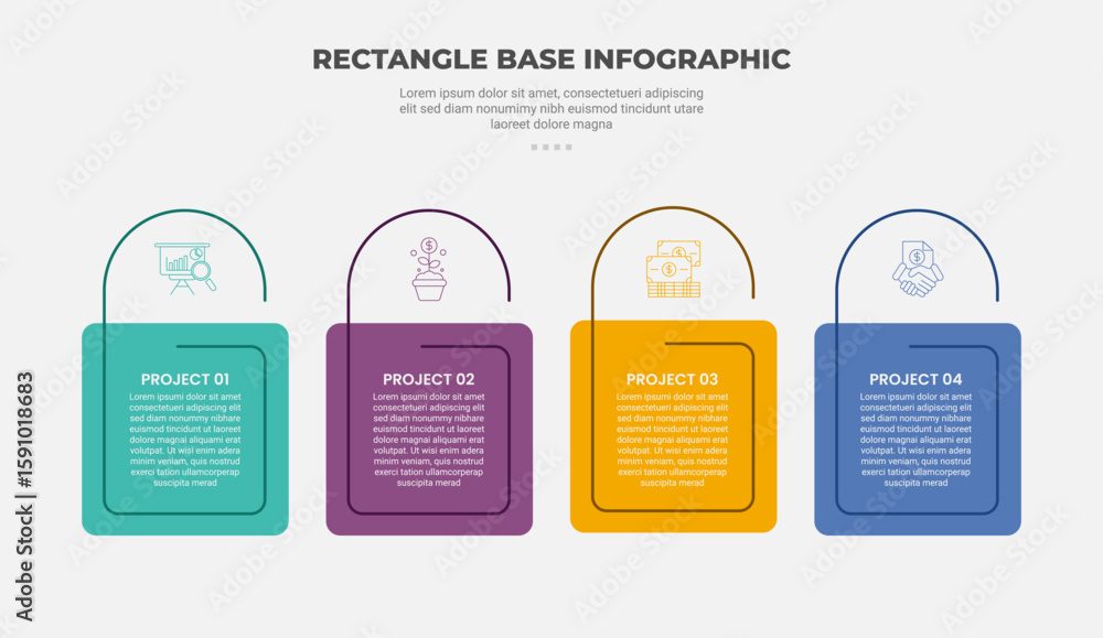 Aufkleber rectangle shape infographic outline style with 4 point template with round box with half circle line