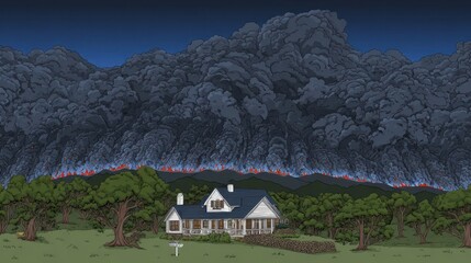 A house in a landscape of wildfire and smoke.