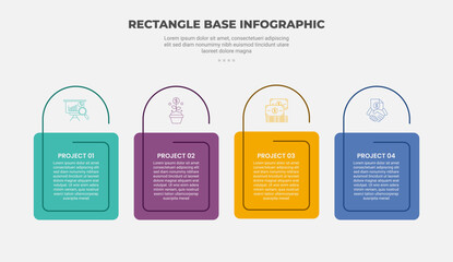 rectangle shape infographic outline style with 4 point template with round box with half circle line on top for slide presentation