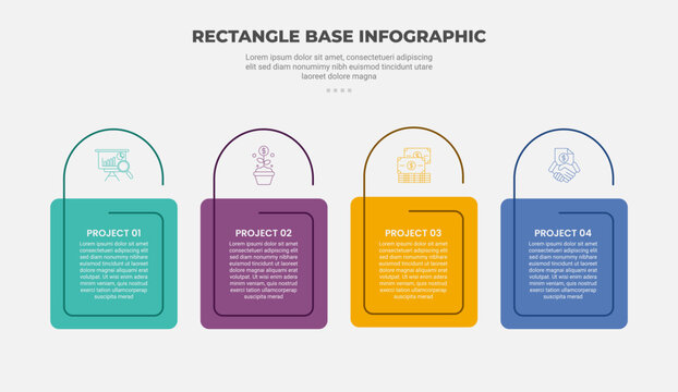 rectangle shape infographic outline style with 4 point template with round box with half circle line on top for slide presentation