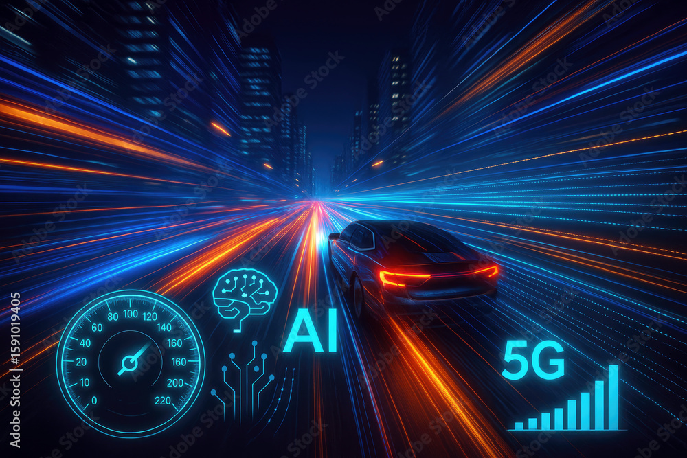 Poster futuristic autonomous vehicle navigating a neon-lit cityscape with digital ai and 5g data streams