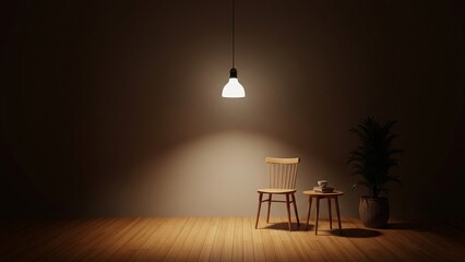 Minimalist interior design featuring a cozy armchair, small round wooden table with a plant and books, and a single hanging light bulb illuminating the space