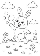 Coloring book bunny blowing bubbles in a grassy field