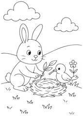 Coloring book bunny watching over a nest with a baby bird