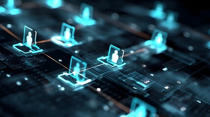 A complex three dimensional digital network interface featuring holographic user profile icons connected by lines and nodes conveying concepts of global communication and real time data exchange