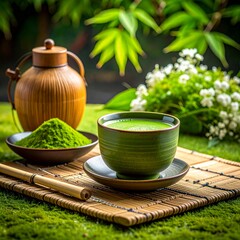 Matcha Tea with Preparation Tools and Leaves