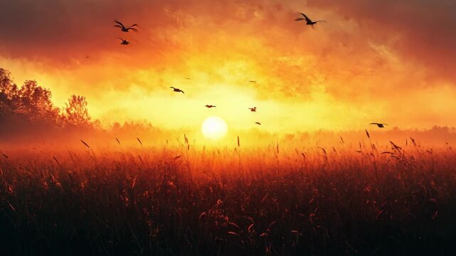 Serene sunset over a golden field with birds flying and a tranquil atmosphere